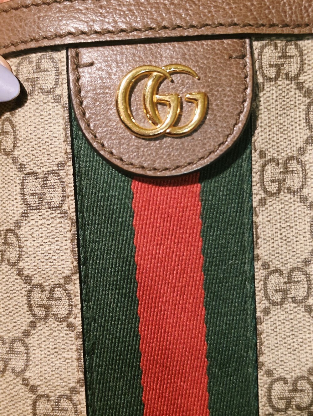 Gucci Ophidia Beige GG Canvas Tote with Brown Trim and Green-Red Web - Picture 5 of 16